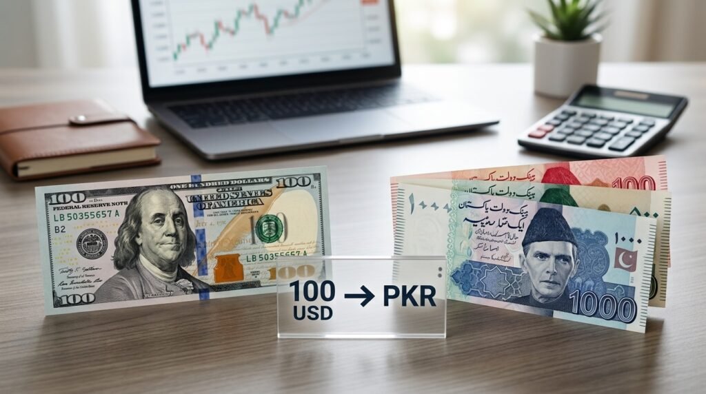 100 USD to PKR currency conversion showing US Dollar and Pakistani Rupee