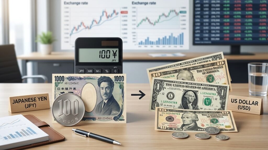 100 Japanese Yen to US Dollar currency conversion with calculator and banknotes