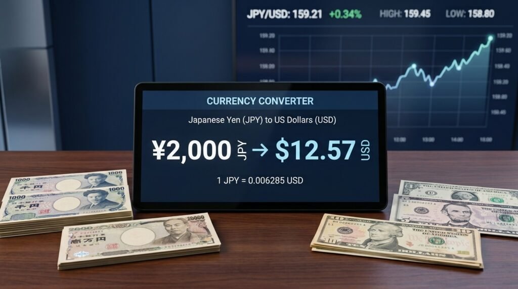 2000 yen to USD currency conversion showing ¥2,000 JPY to $12.57 USD