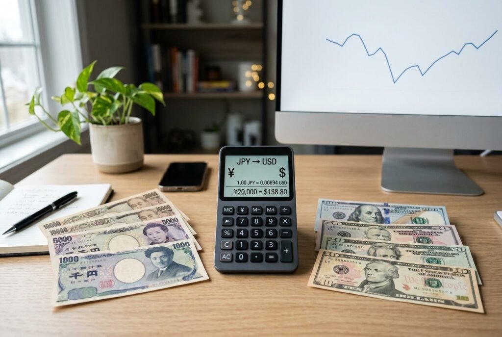 20000 yen to USD conversion calculator showing Japanese Yen exchange into US Dollars