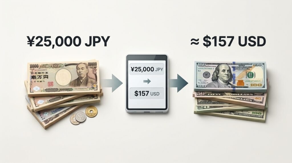 25000 yen to USD conversion showing ¥25,000 JPY and approximately $157 USD