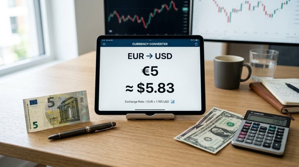 5 euro to USD conversion displayed on a currency converter