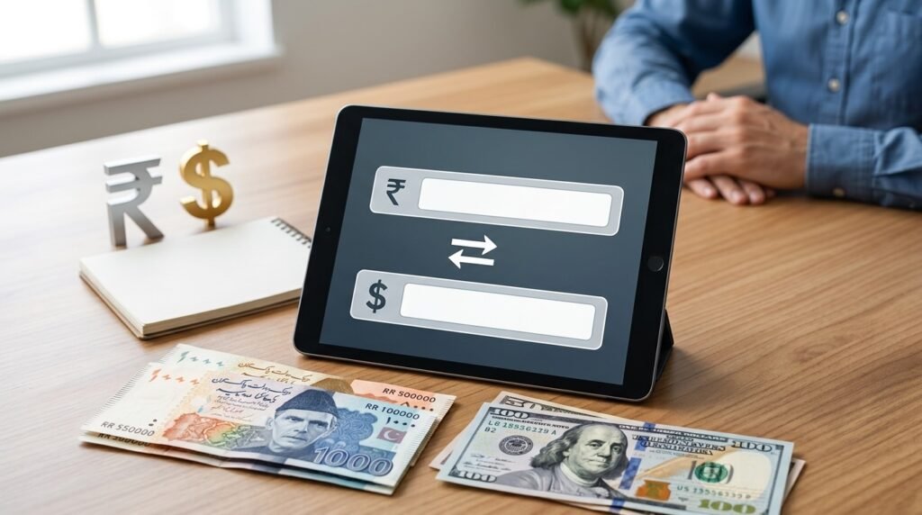 10000 PKR to USD conversion process showing Pakistani rupees and US dollars exchange