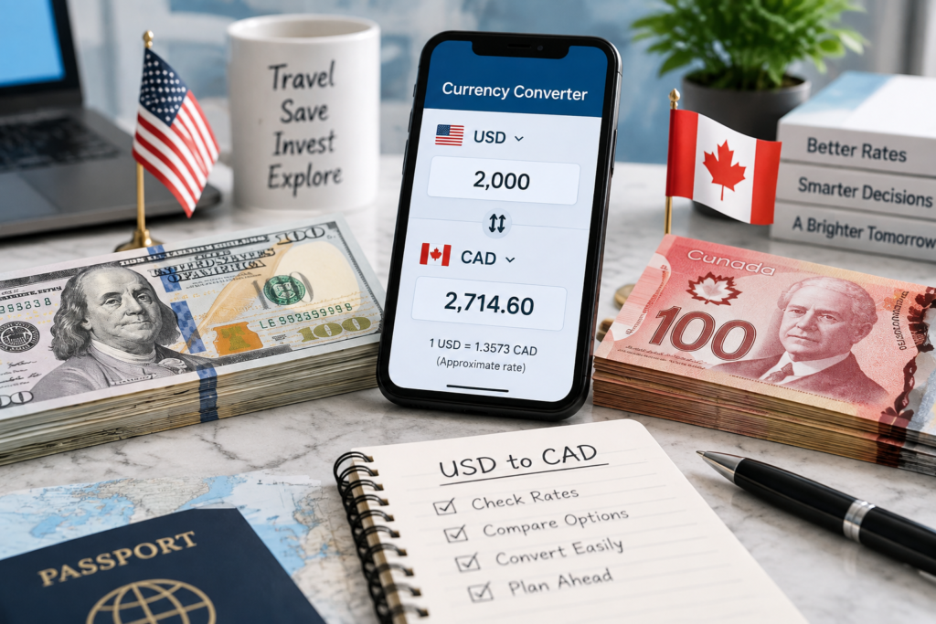 2000 USD to CAD currency conversion using a USD to CAD converter with US and Canadian dollars