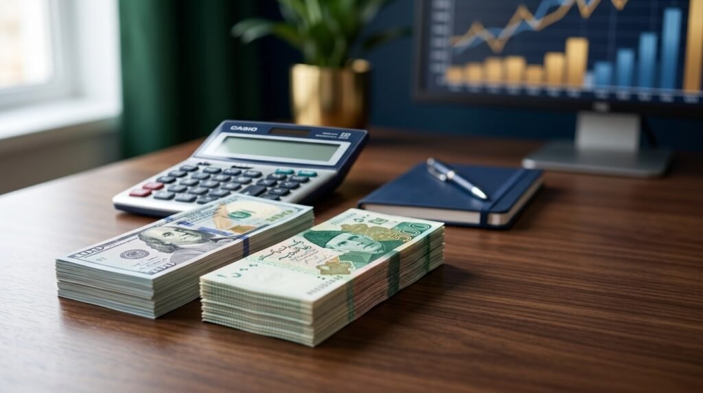 Calculator with US Dollars and Pakistani Rupees for 500 USD to PKR conversion