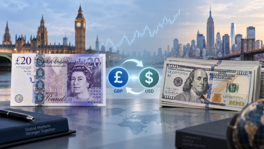 GBP to USD currency conversion showing British pounds and US dollars with exchange rate concept