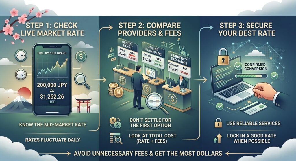 A 3-step infographic guide for Yen to Dollar conversion: 1. Check Live Rate, 2. Compare Providers, 3. Secure Best Rate.