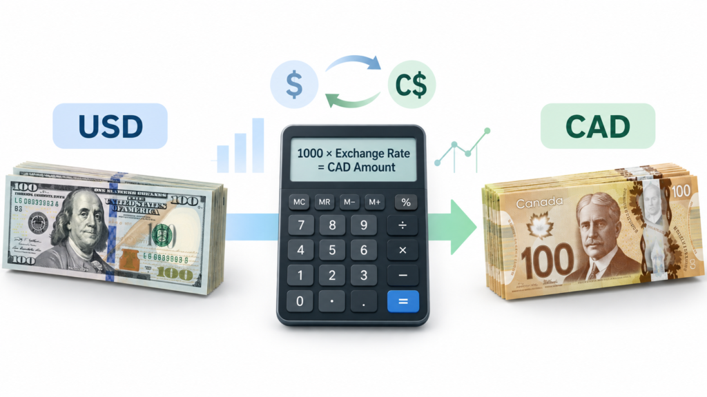 USD to CAD conversion formula showing currency exchange calculation with calculator